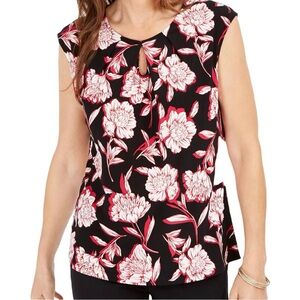 Kasper Blouse PM Floral Black Keyhole Cap Sleeve